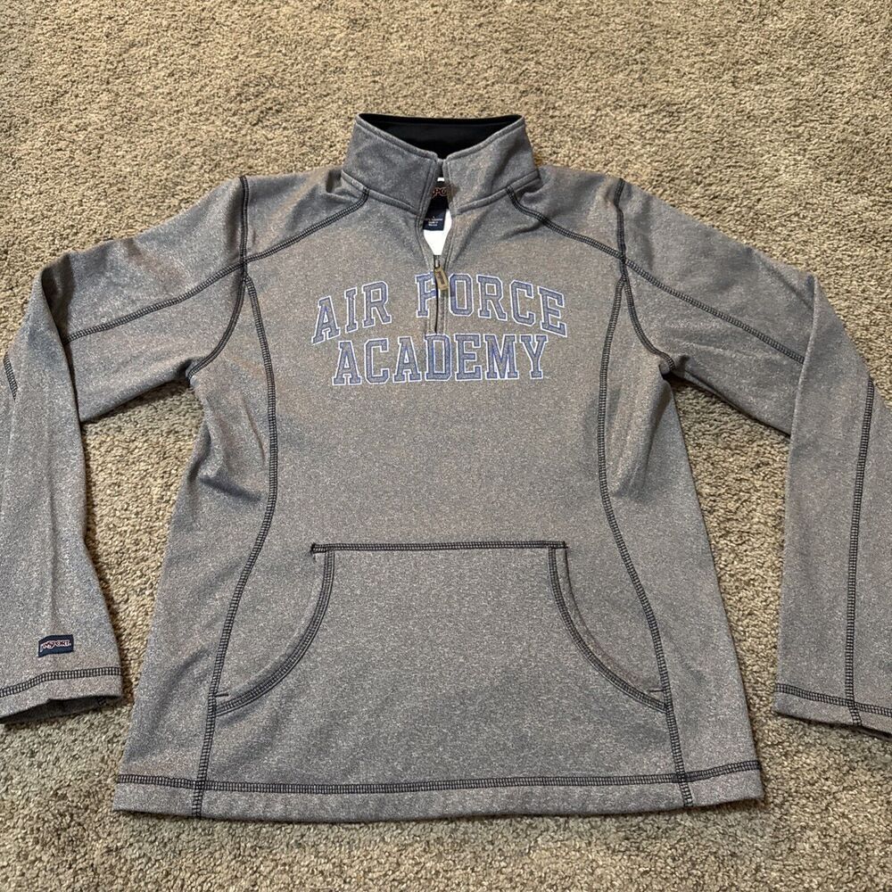 Jansport Airforce Sweatshirt Gray Blue 1/4 Zip Size Large Logo Spellout Women